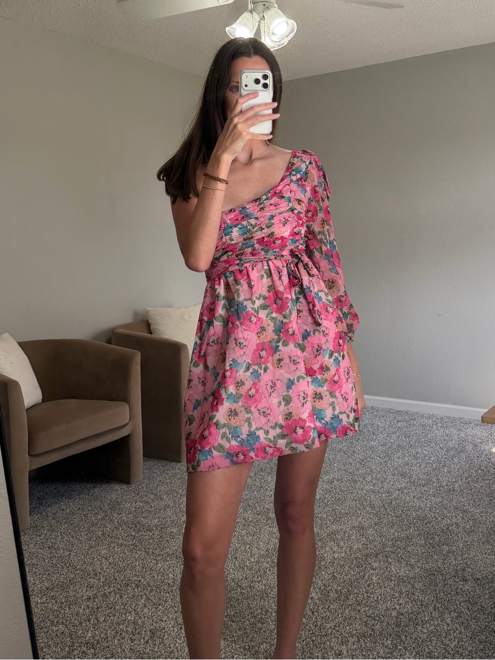 Floral One-Shoulder Pink Mini Dress